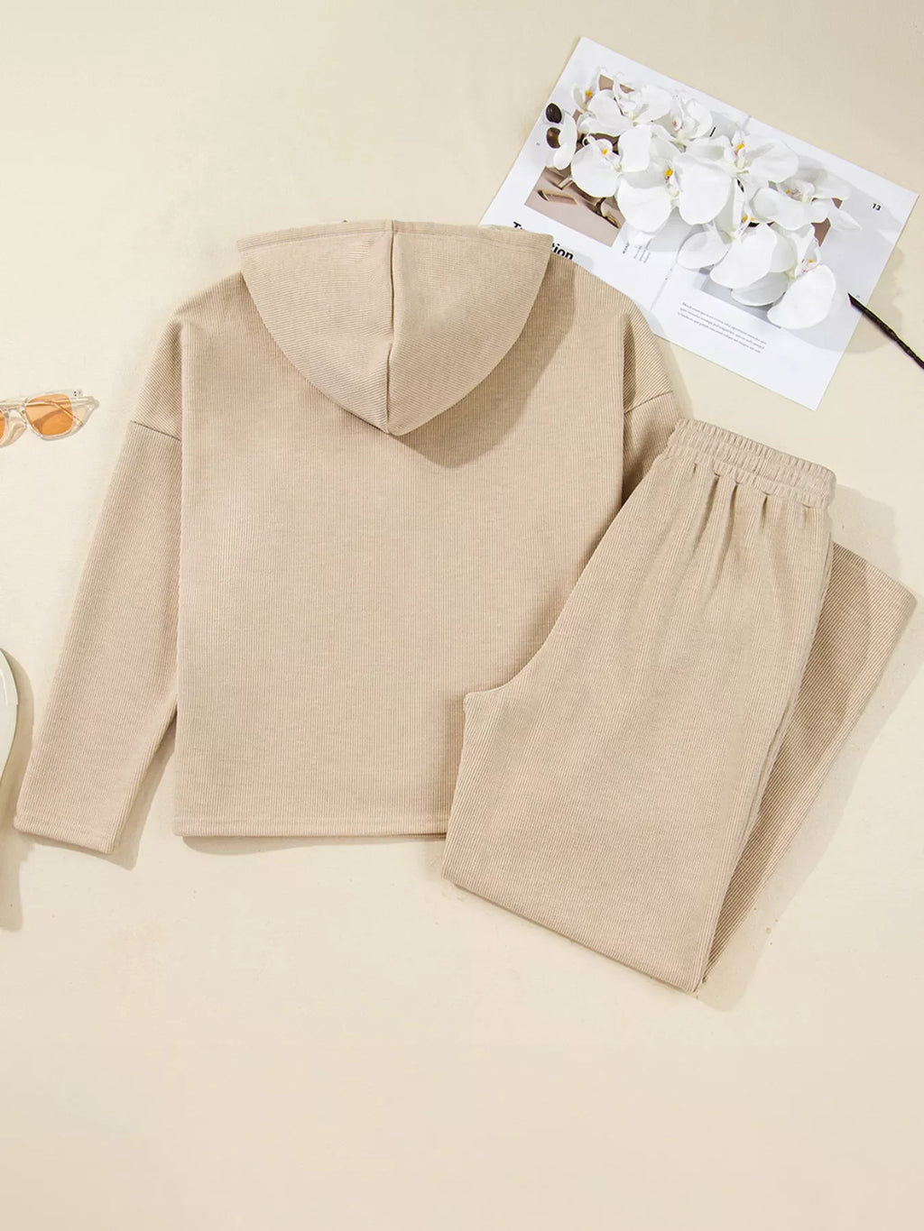 Lace Drawstring Hoodie and High Waist Pants Set
