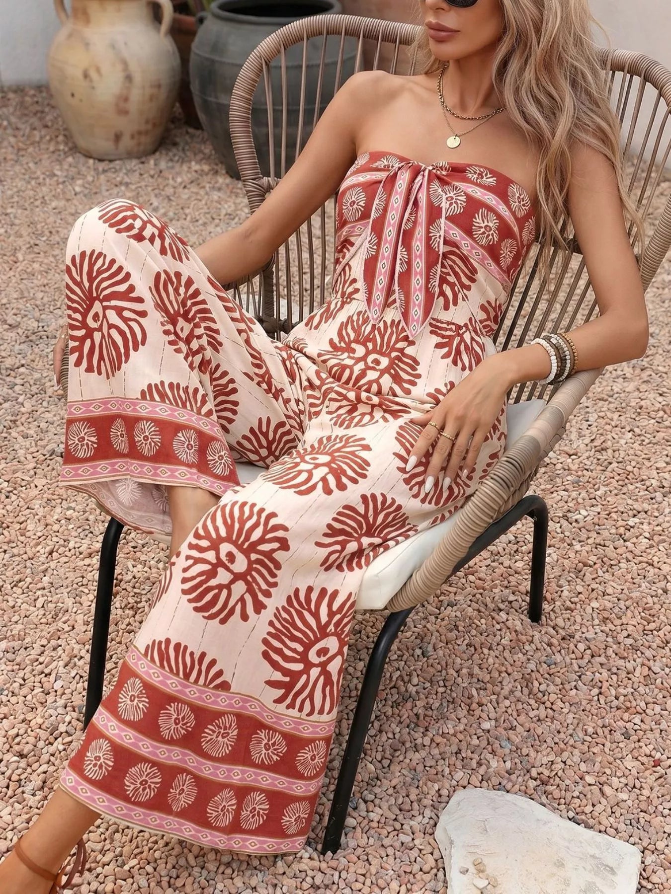 Floral Print Strapless Wide Leg Jumpsuit
