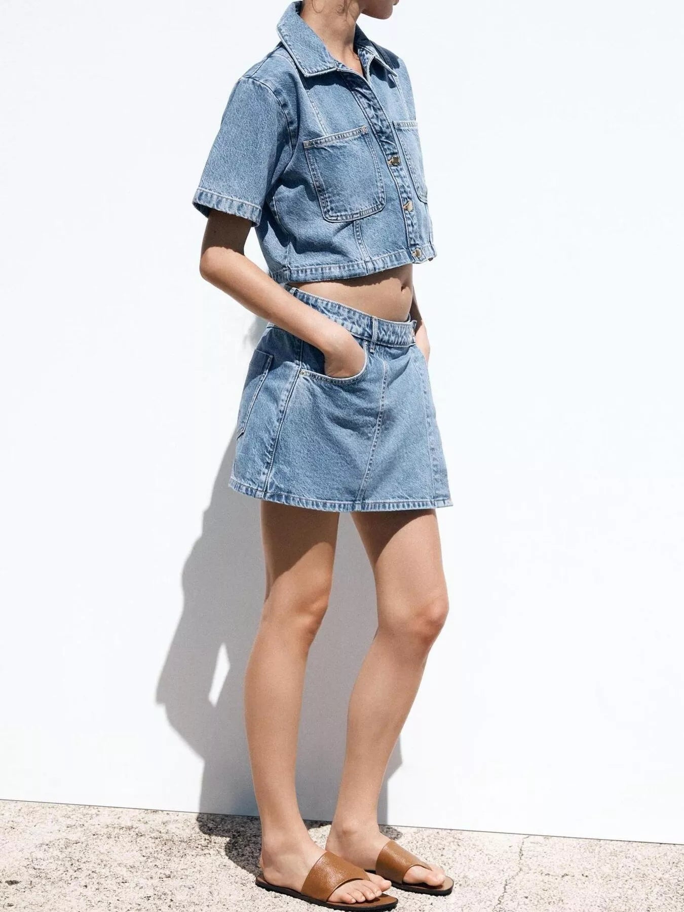 Button Up Short Sleeve Top and Skort Denim Set