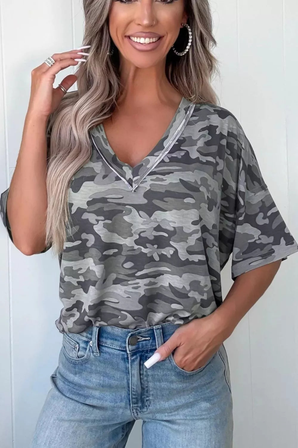 Camouflage Print Raw Edge V Neck Tee