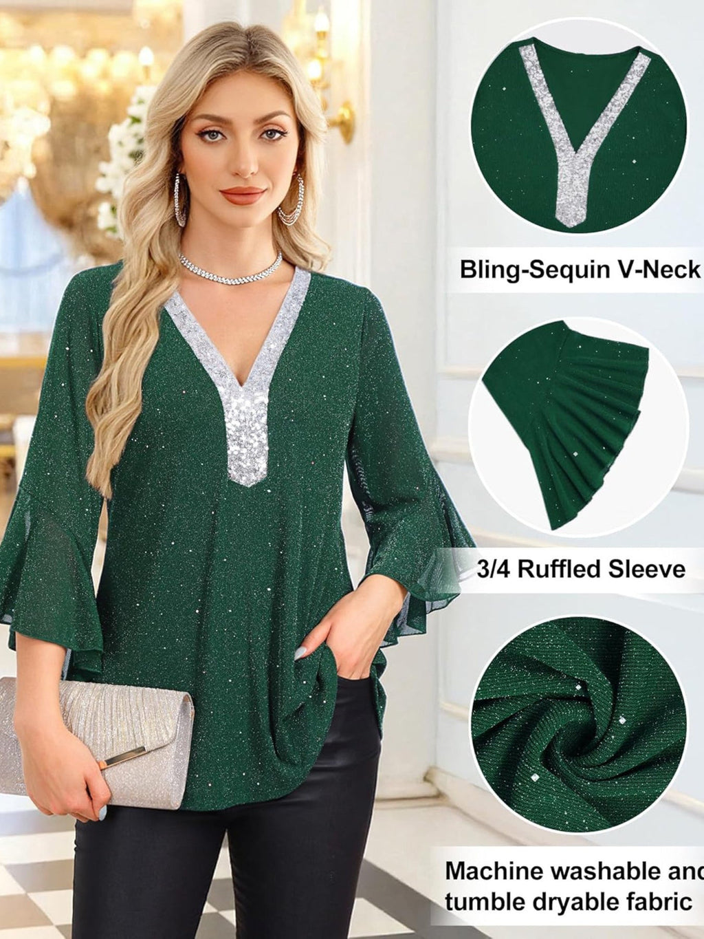 Sequin V-Neck Flounce Sleeve Blouse