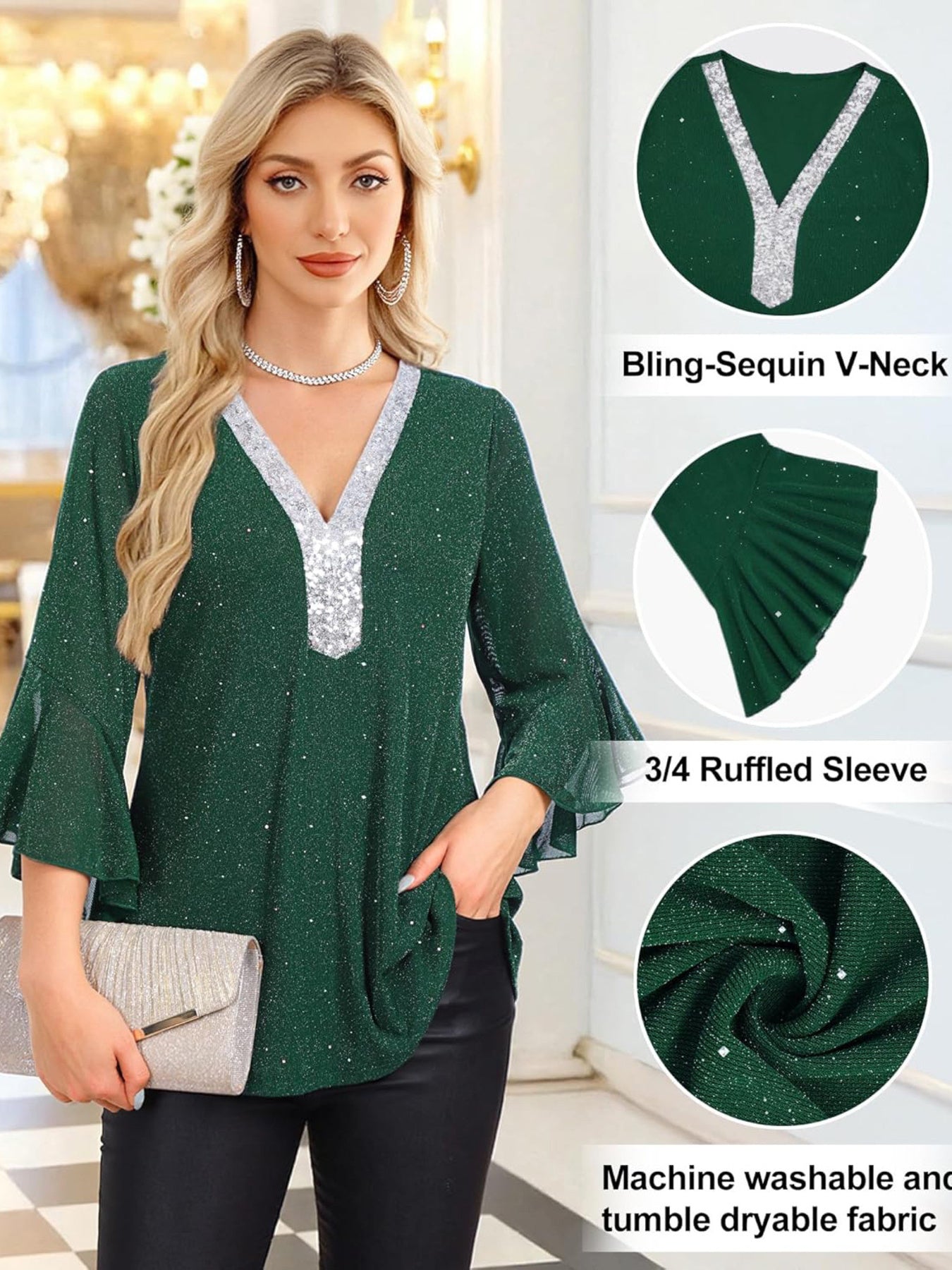 Sequin V-Neck Flounce Sleeve Blouse