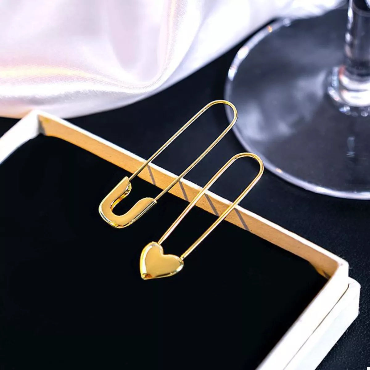18K Gold-Plated Alloy Heart Safety Pin Drop Earrings