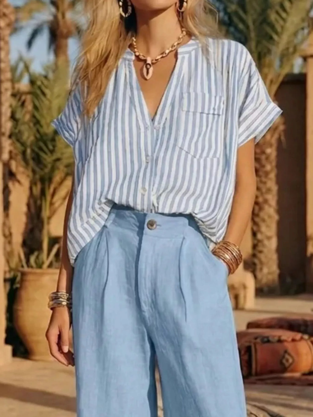 Full Size Striped Button Up Shirt and Pants Set Plus Size