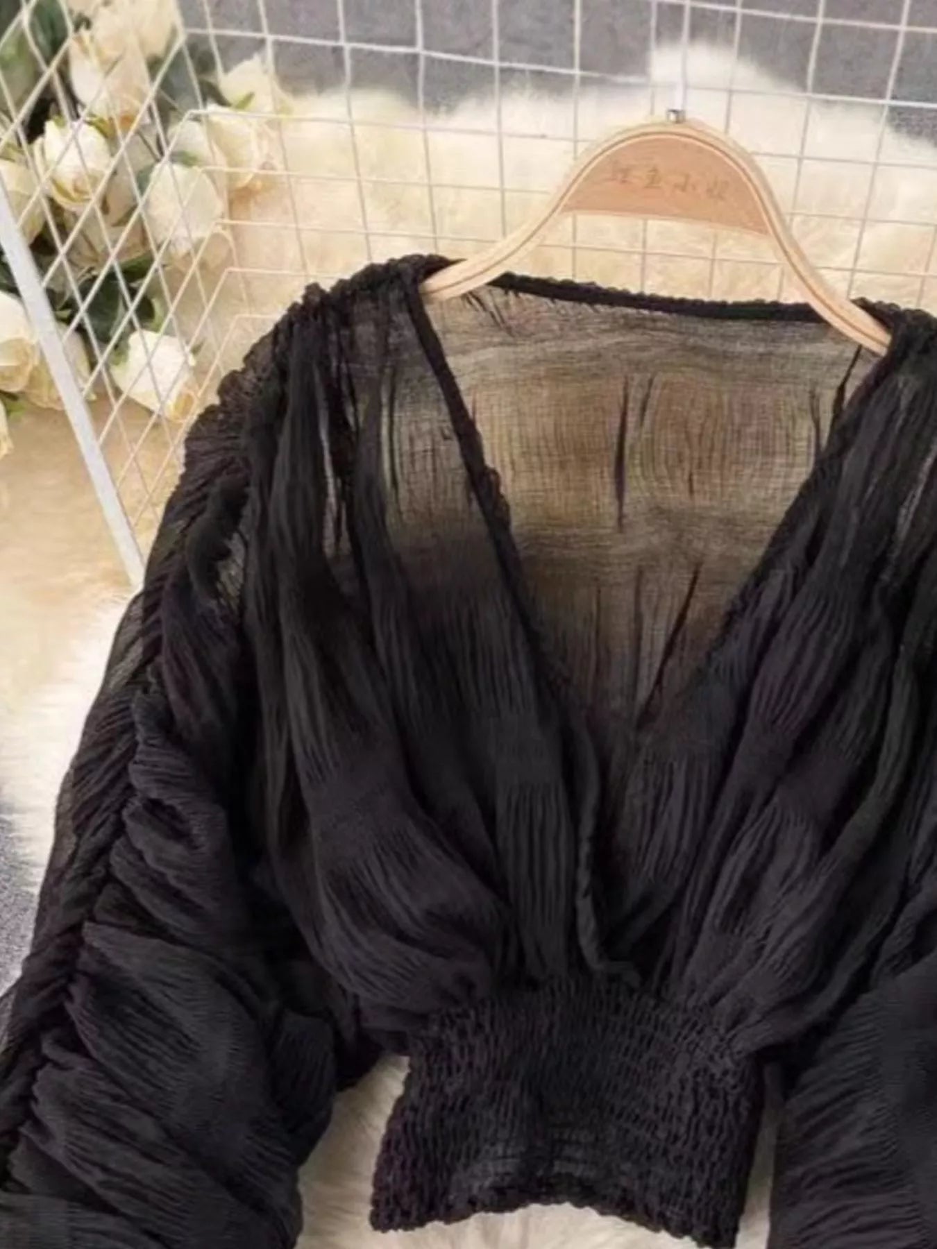 Smocked Ruched Long Sleeve Blouse