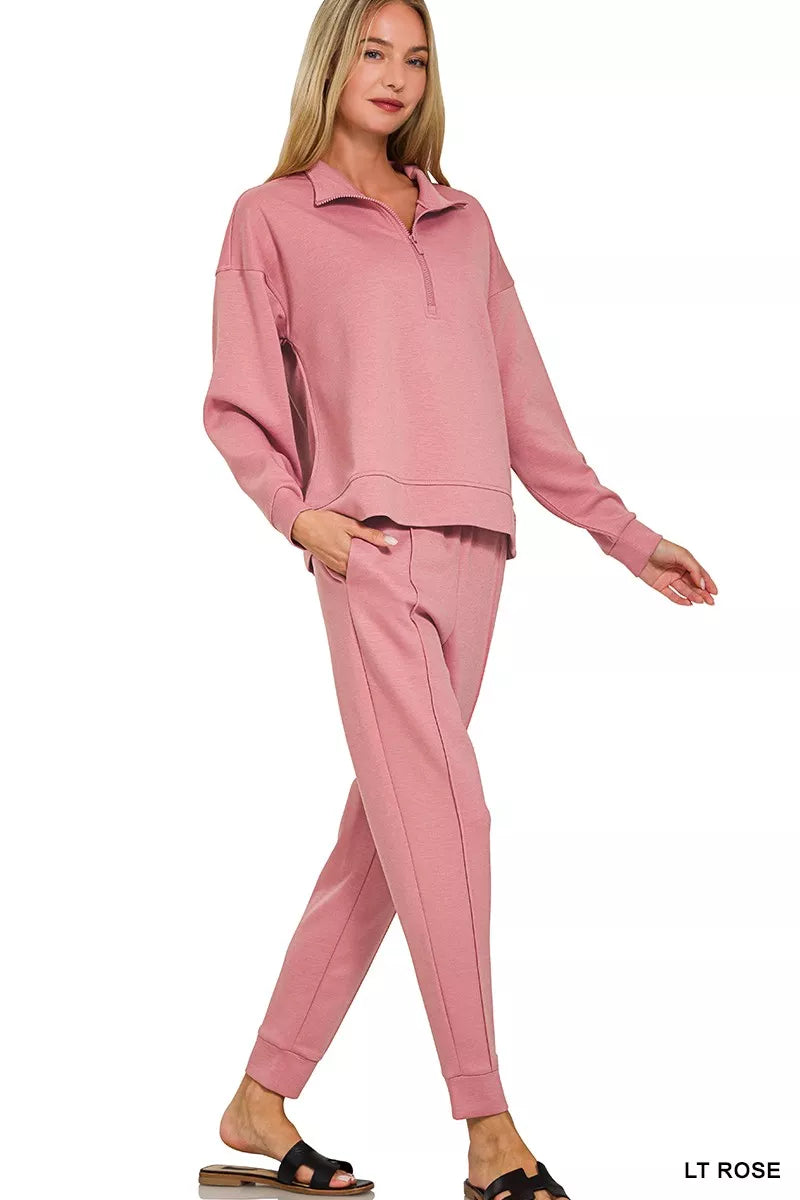 Zenana Scuba Half Zip Pullover and Jogger Set