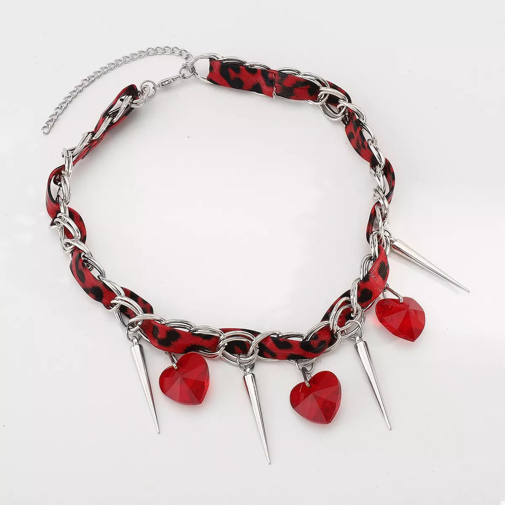 Heart Charm Choker Necklace with Metal Spikes