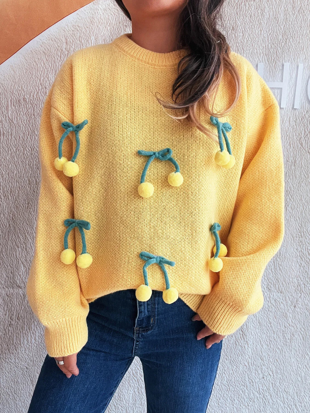 Cherry Round Neck Long Sleeve Sweater