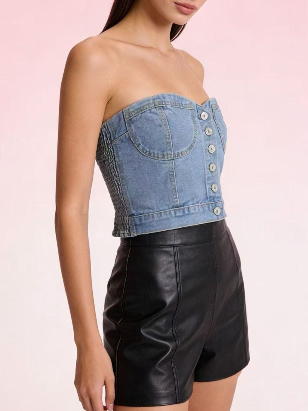 Button-Front Denim Tube Top