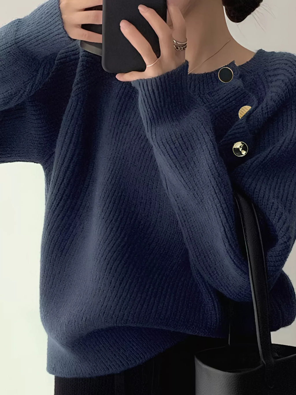 Button-Decorated Round Neck Sweater
