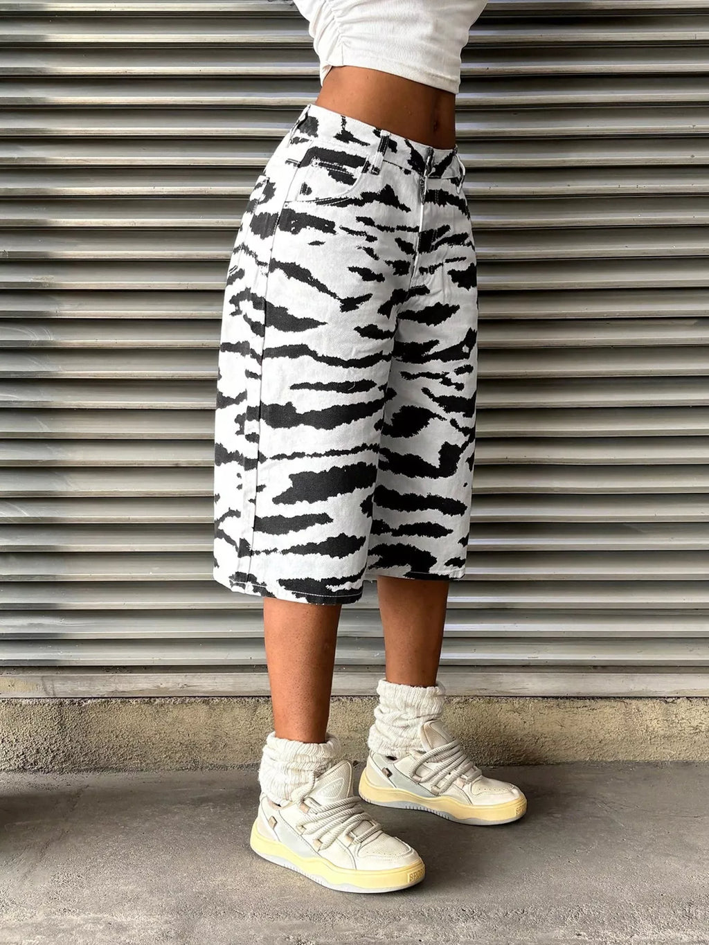 Zebra Print Wide Leg Denim Capris