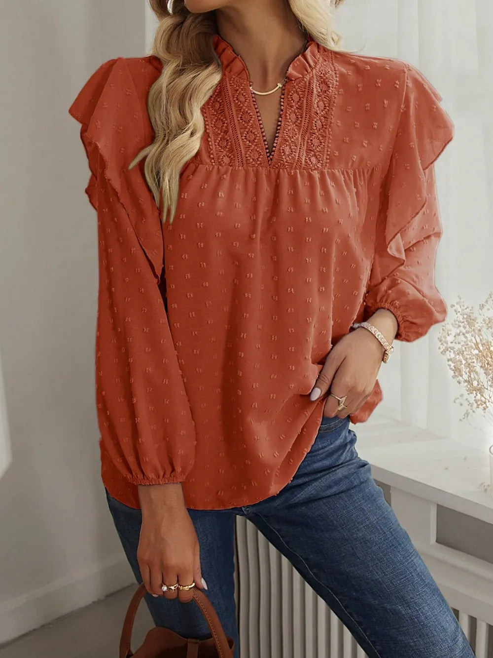 Swiss Dot Ruffled Long Sleeve Blouse