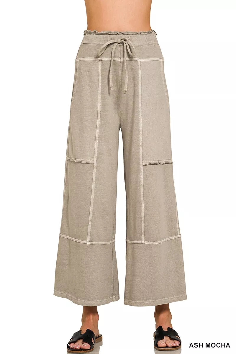 Zenana French Terry Washed Exposed-seam Wide Leg Pants