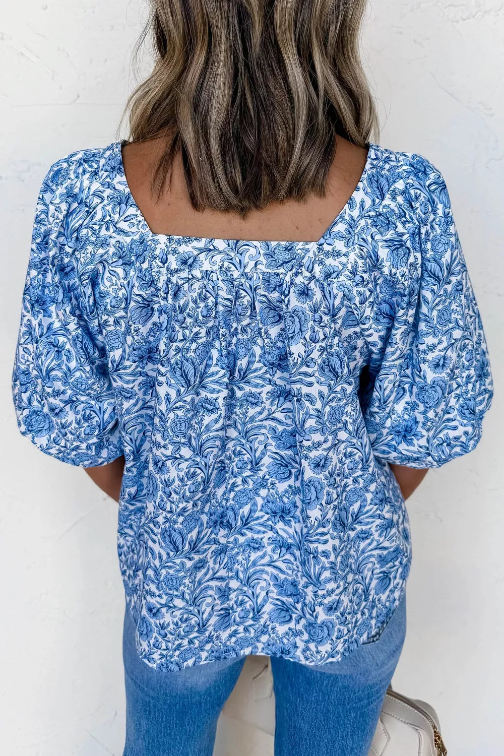 Square Neck Short Puff Sleeve Pleated Floral Blouse