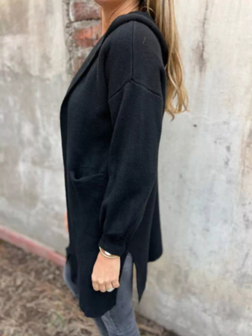 Full Size Open Front Drop Shoulder Hooded Cardigan Plus Size