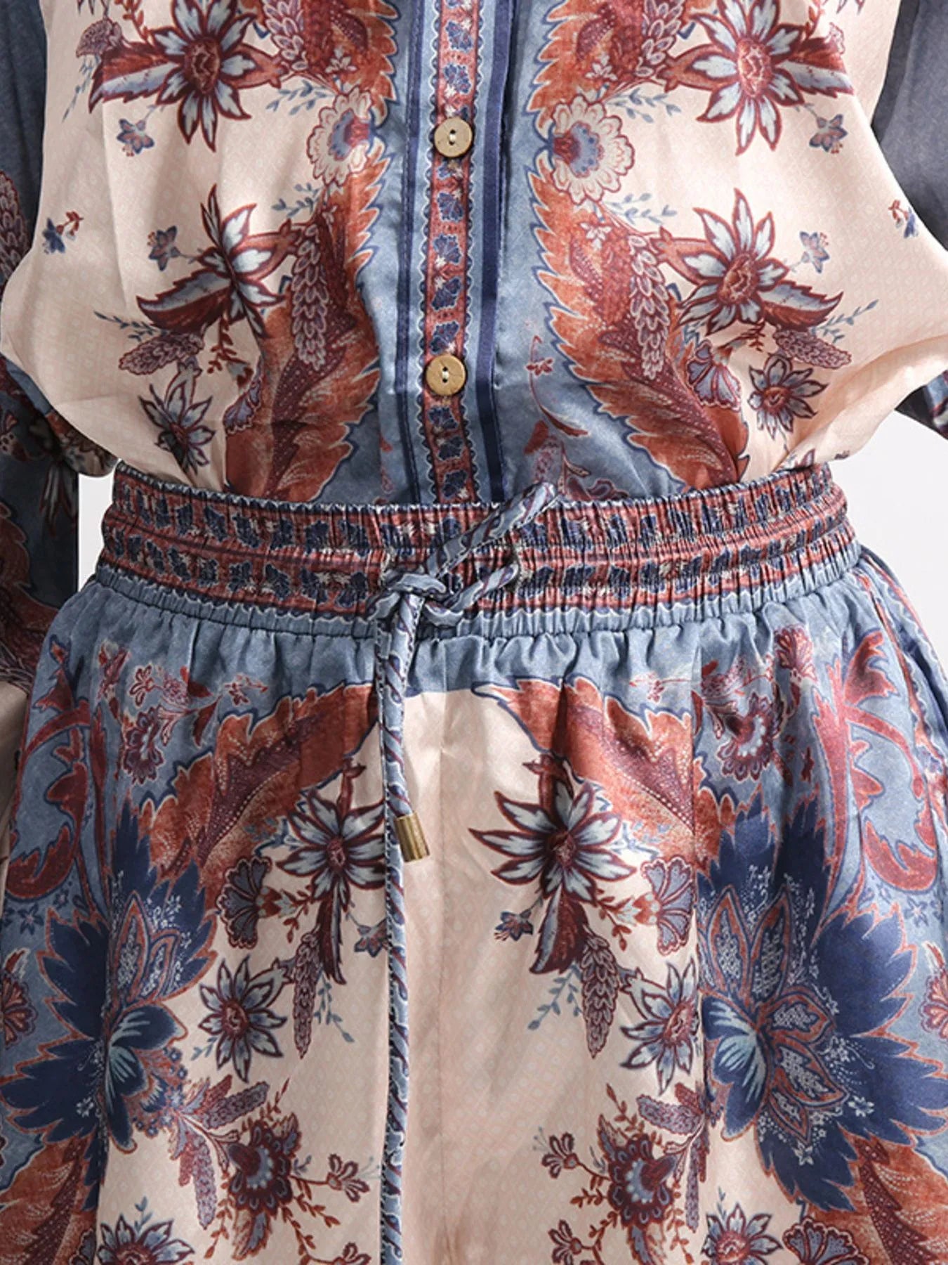 Printed Button Front Long Sleeve Shirt and Shorts Set