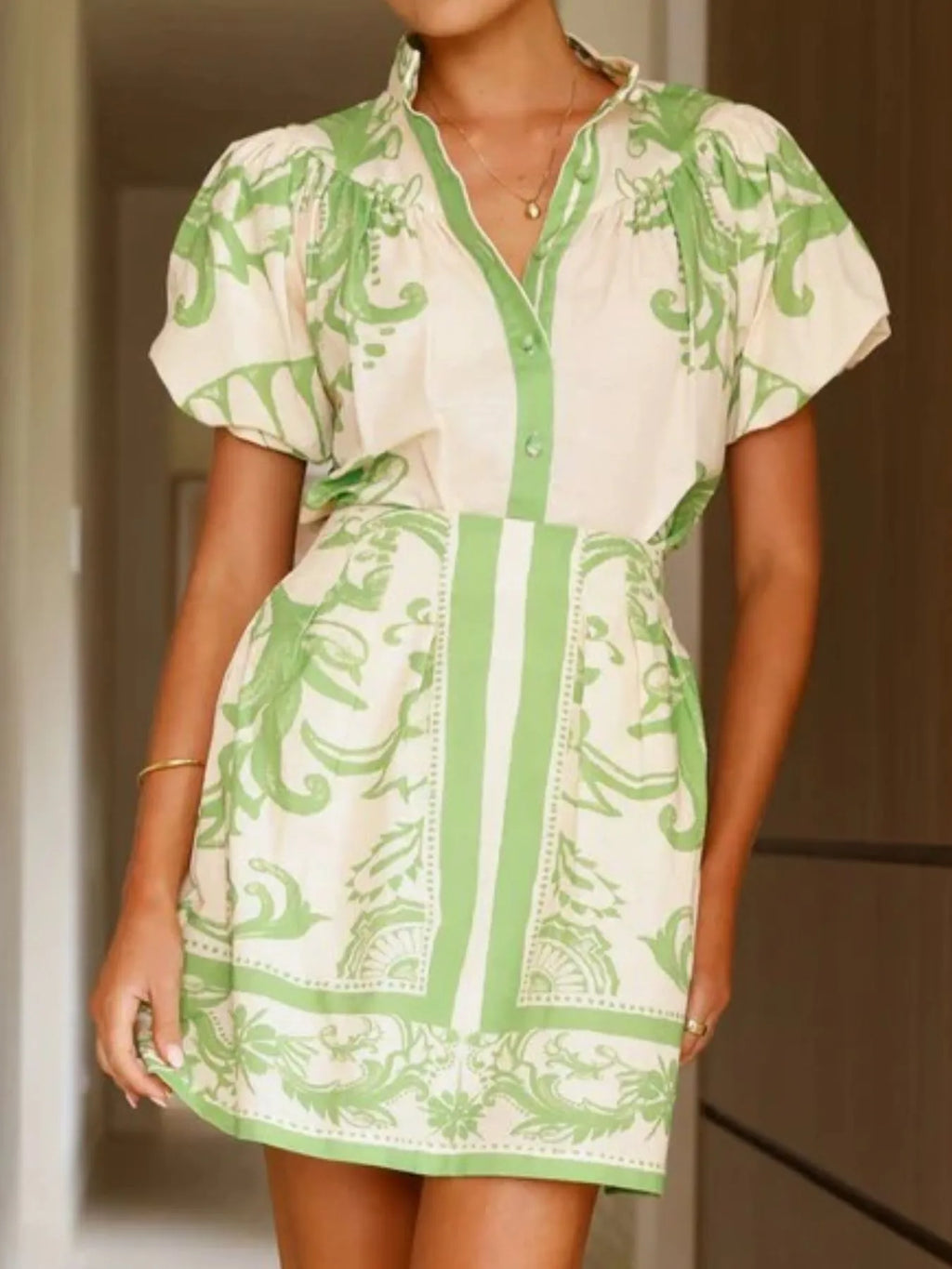 Puff Sleeve Printed Top and Zip Back Skirt Set