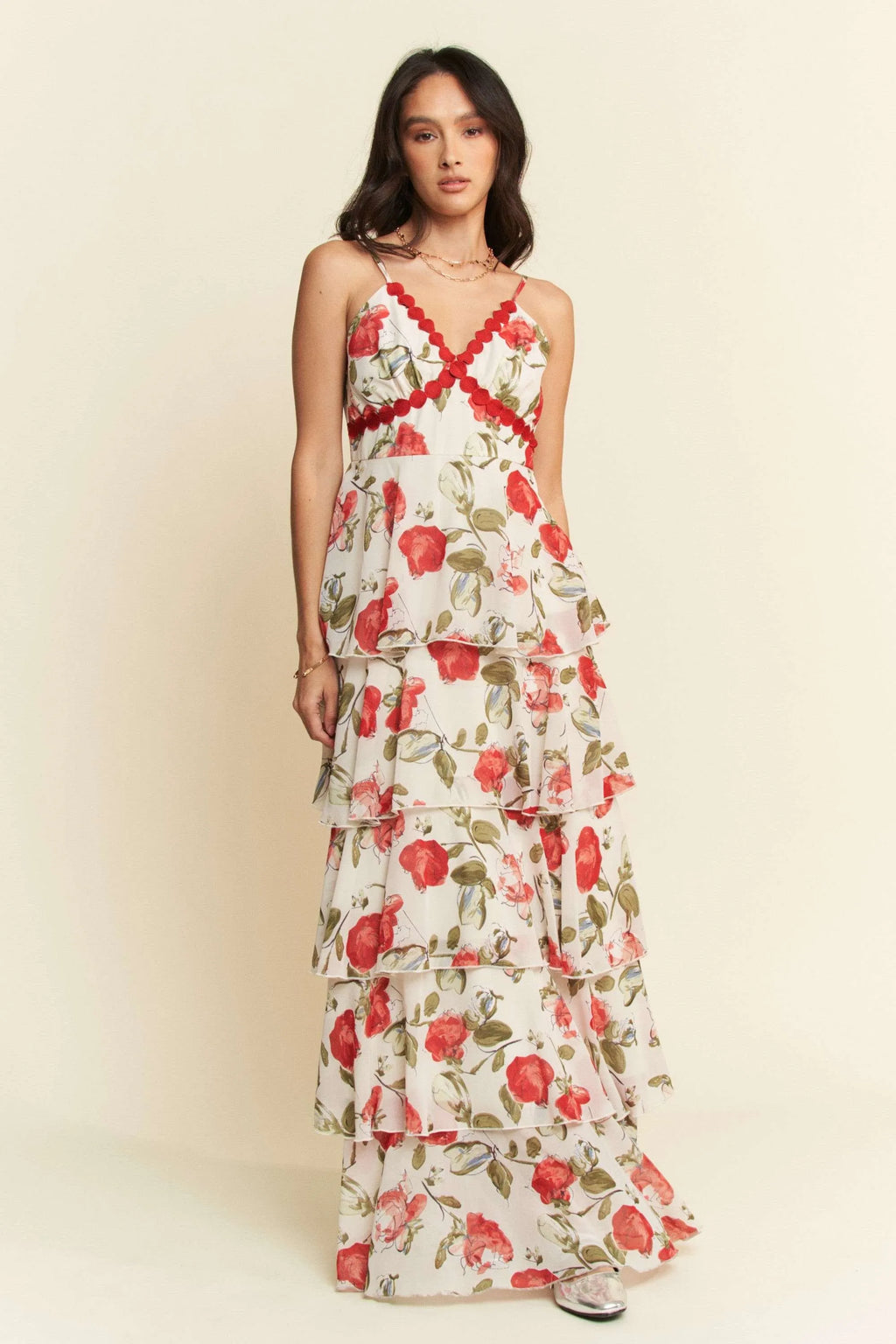 Davi & Dani Contrast Ring Lace Layered Ruffle Maxi Cami Dress
