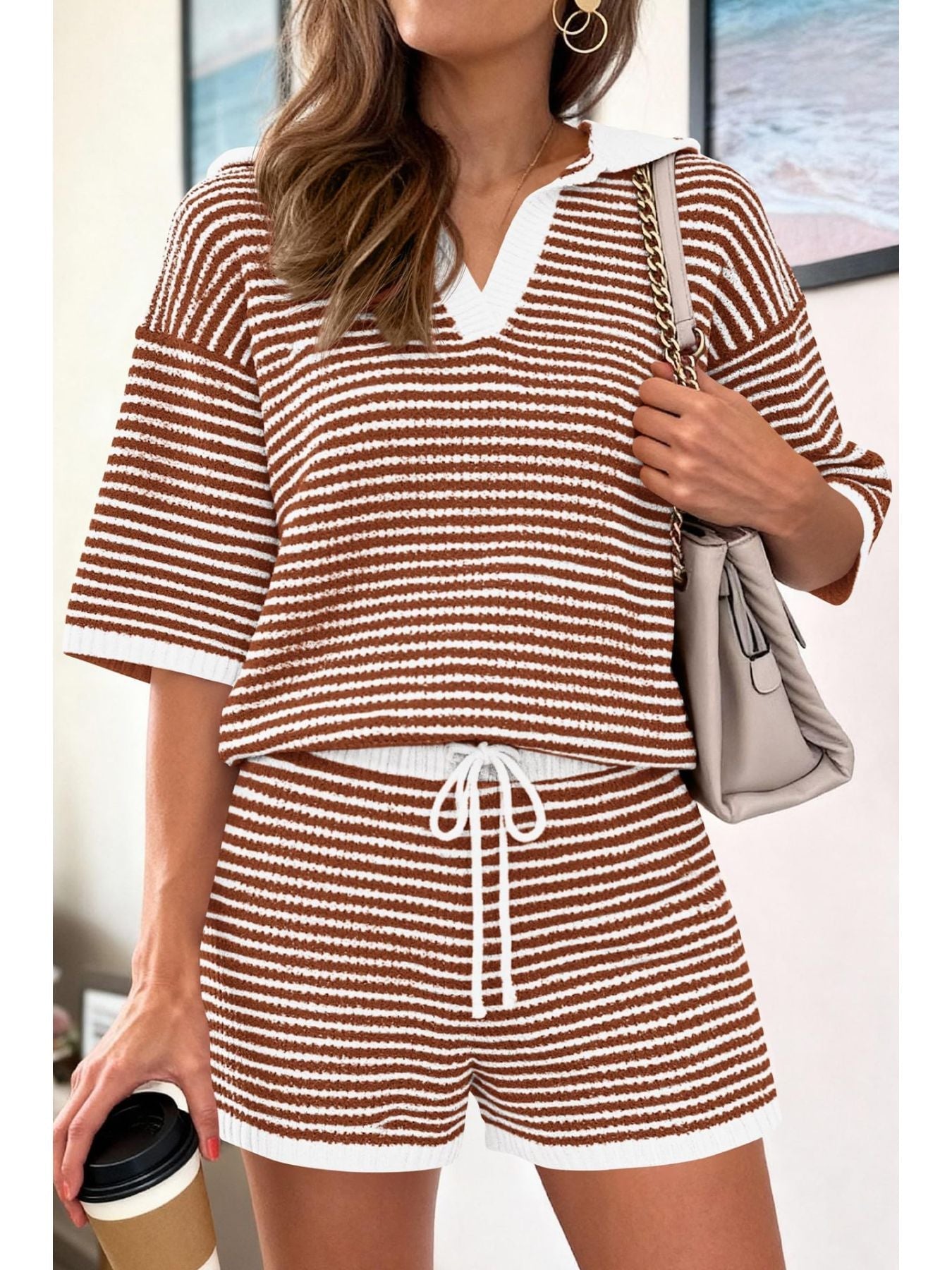 Striped Knit Polo Shirt & Shorts Set