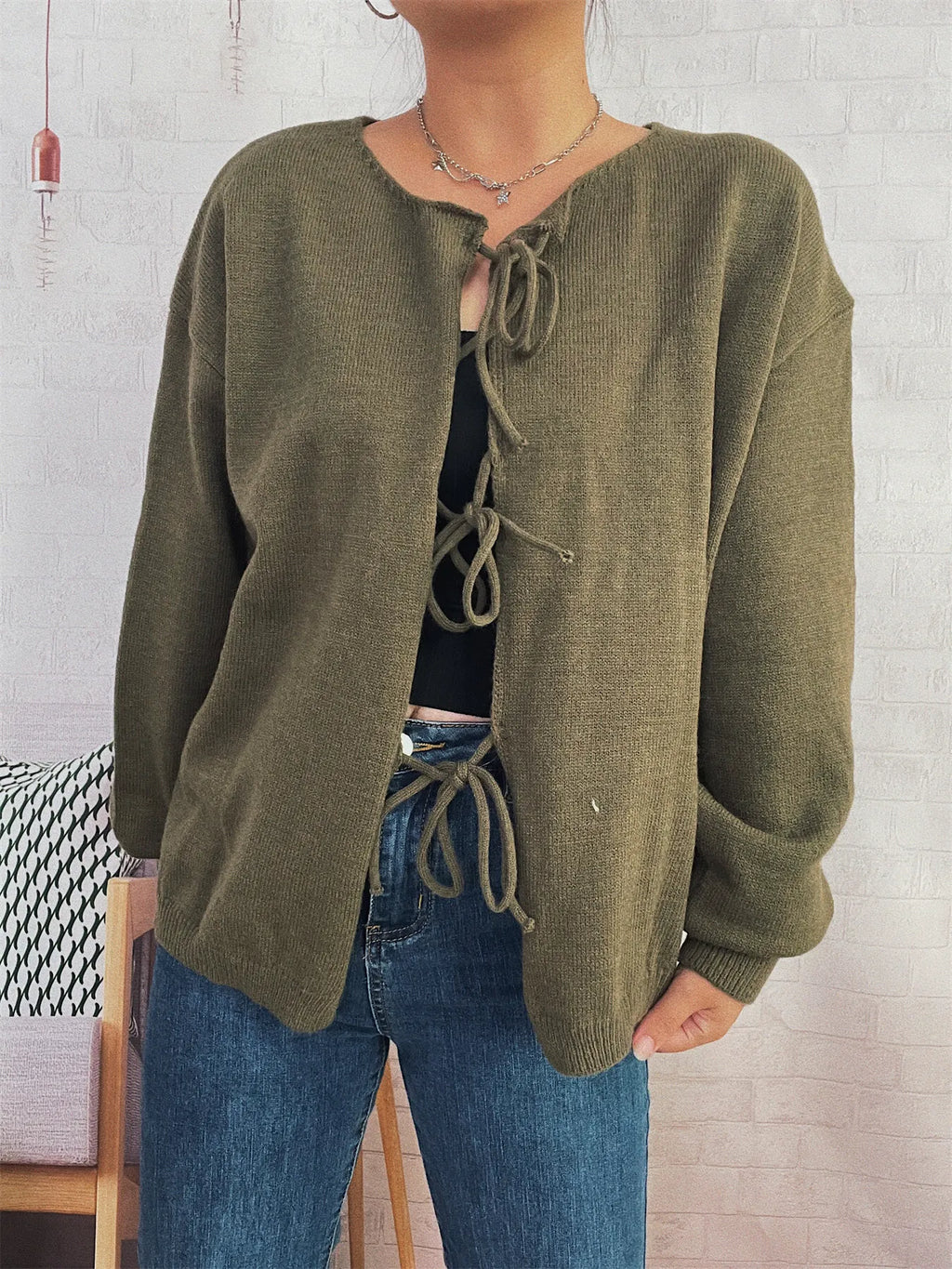 Tie Front Drop Shoulder Cardigan