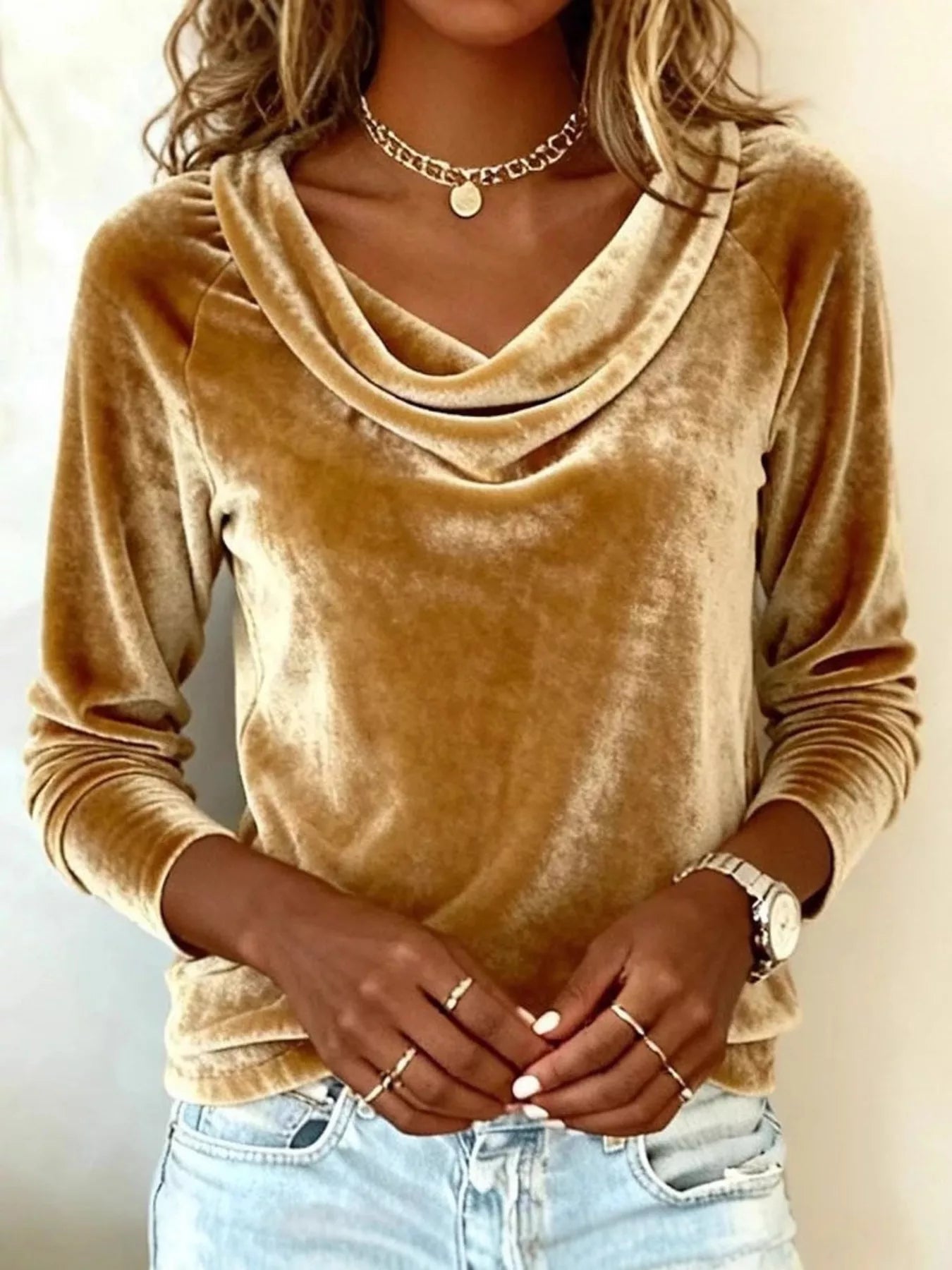 Velvet Cowl Neck Long Sleeve Top