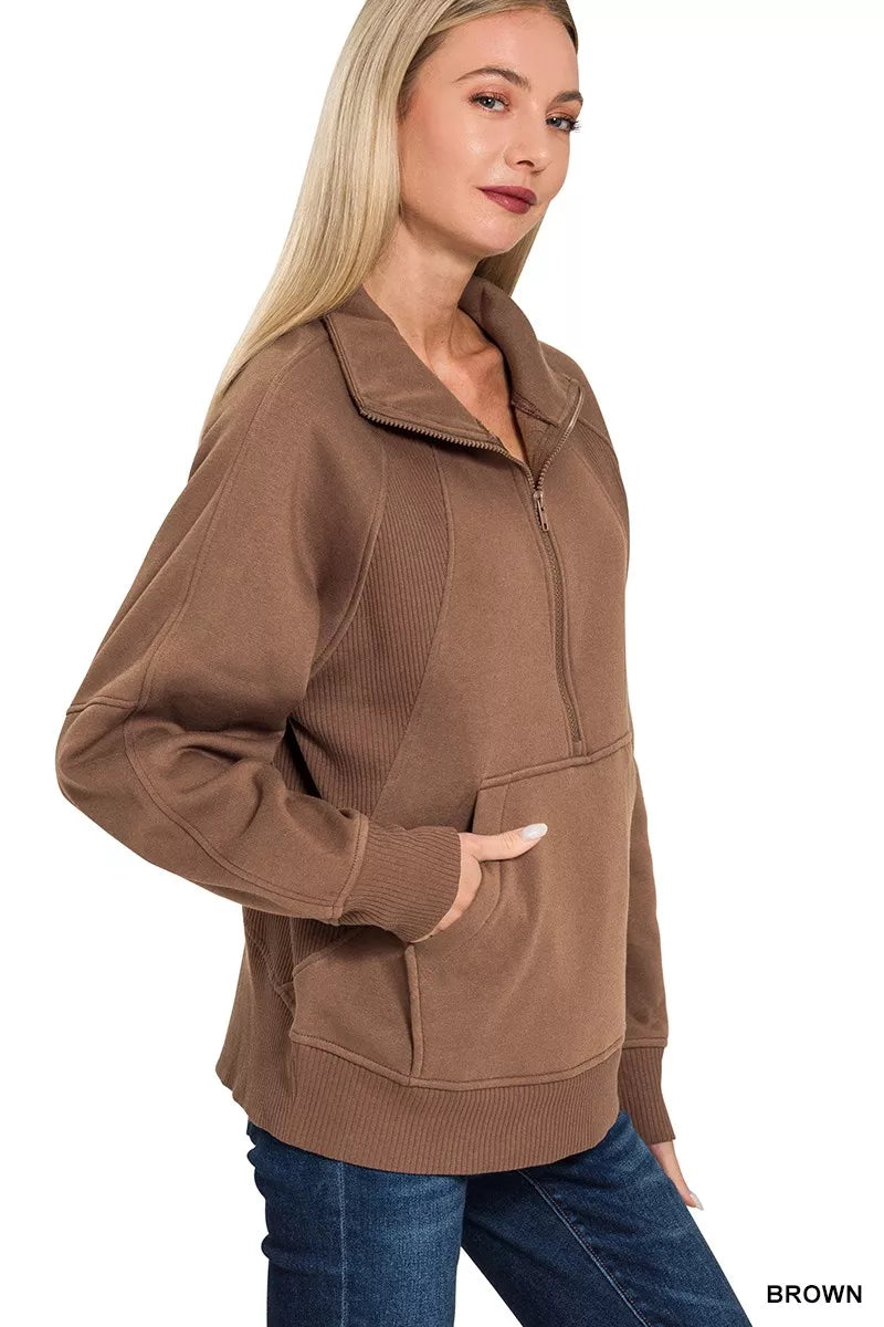 Zenana Half Zip Fleece Sweatshirt with kangaroo Pocket