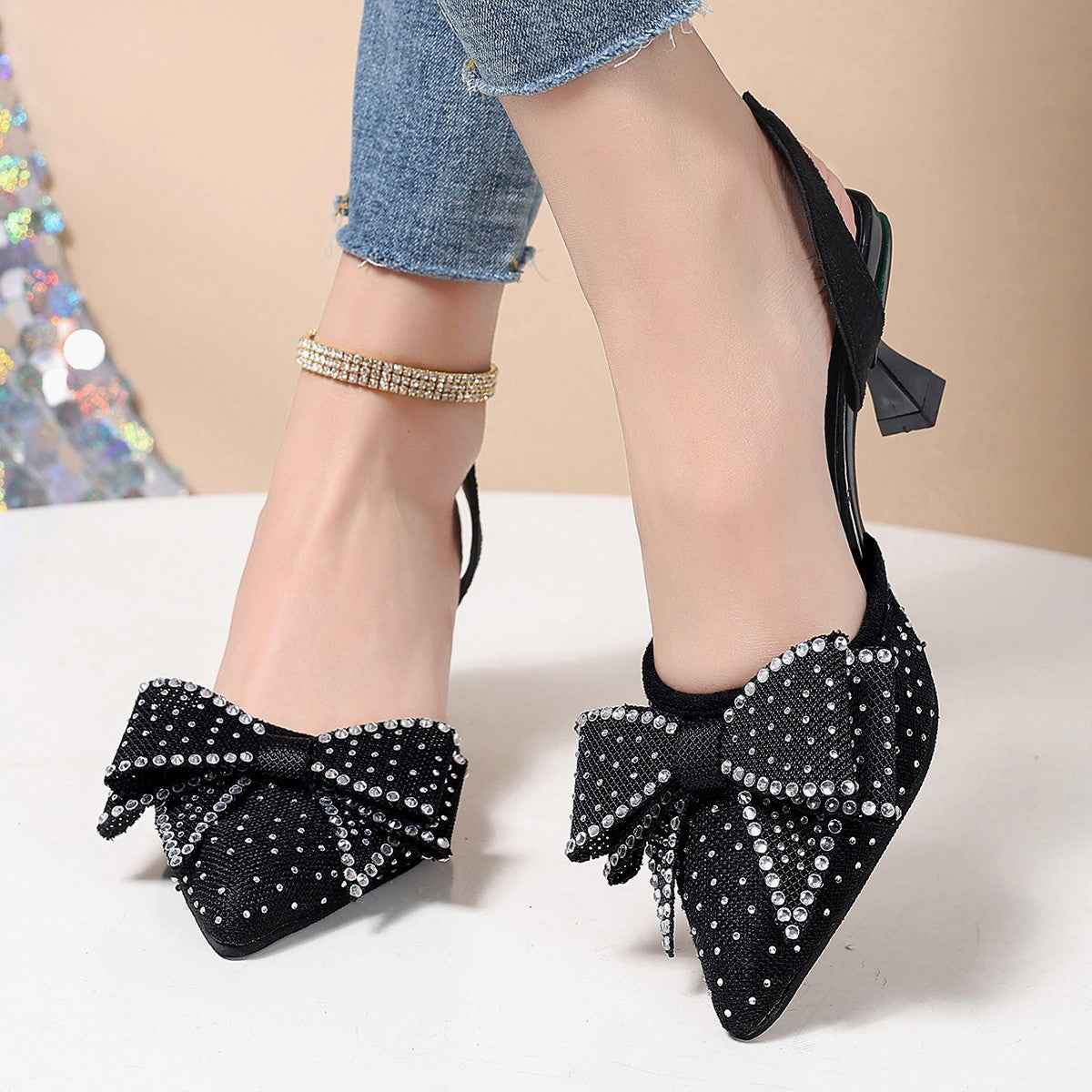 Rhinestone Bowknot Slingback Pumps