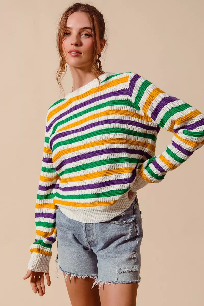 SO ME Mardi Gras Color Stripe Knit Sweater Top