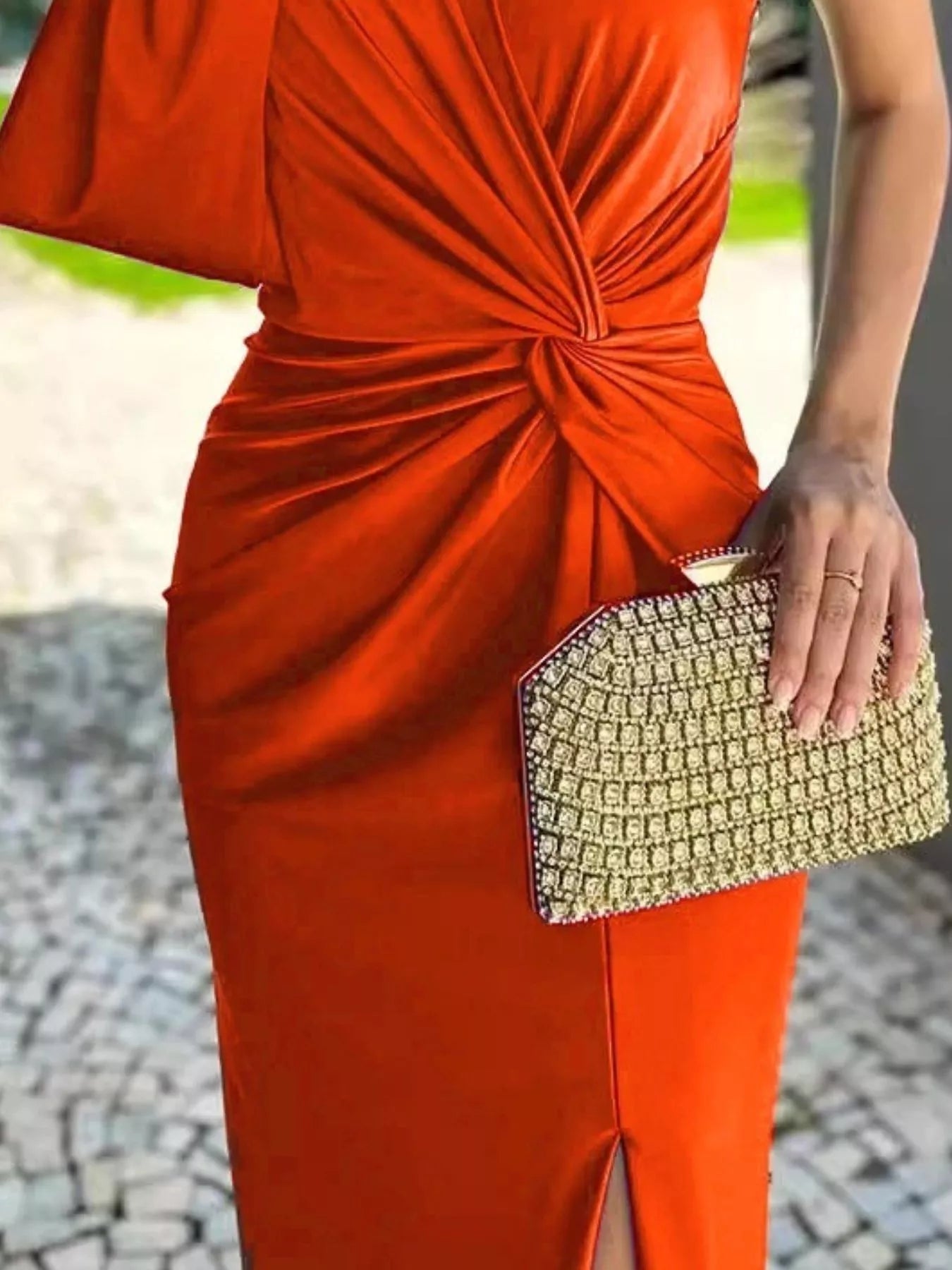 Full Size One-Shoulder Knot Detail Slit Maxi Dress Plus Size