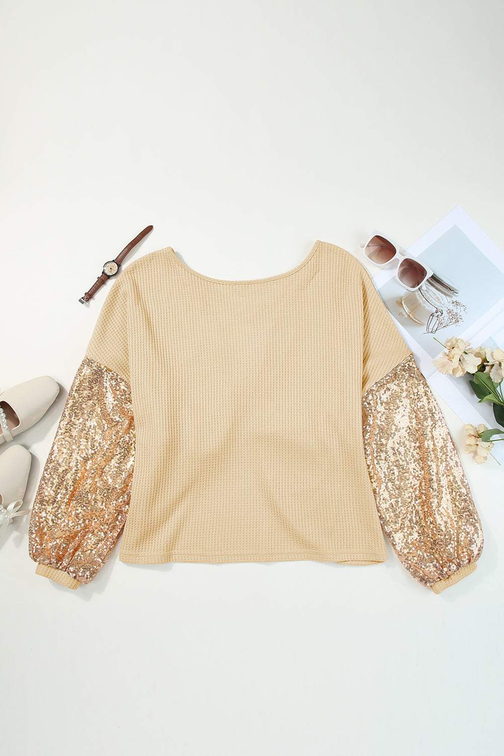 Sequin Patchwork Sleeve Open Back Top
