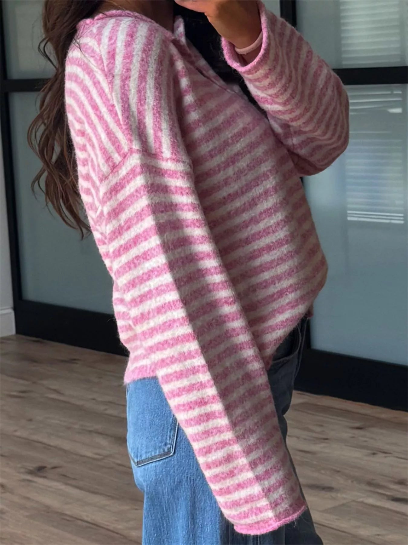 Button Detail Dropped Shoulder Striped Sweater