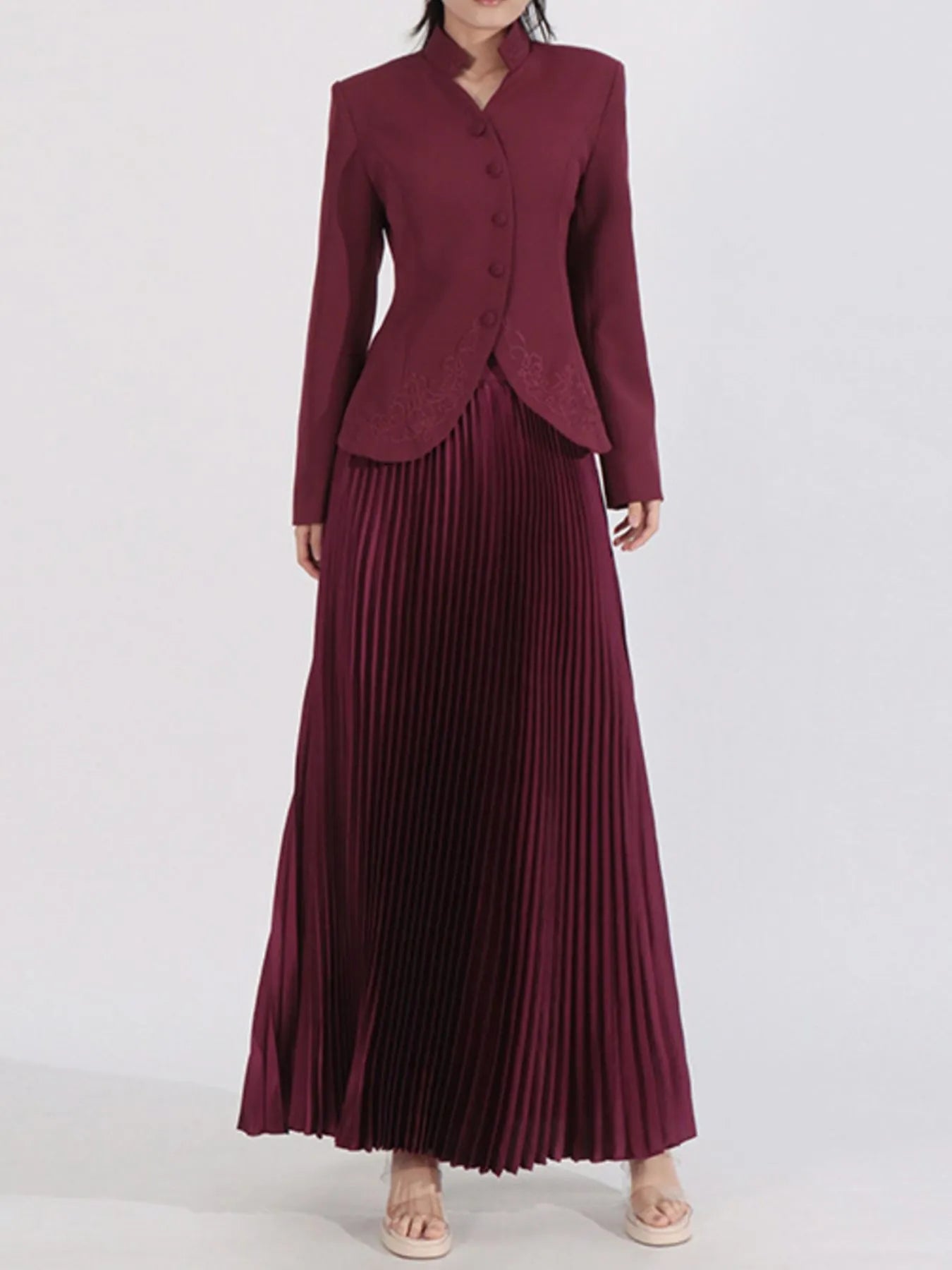 Button Up Long Sleeve Top and Pleated Skirt Set