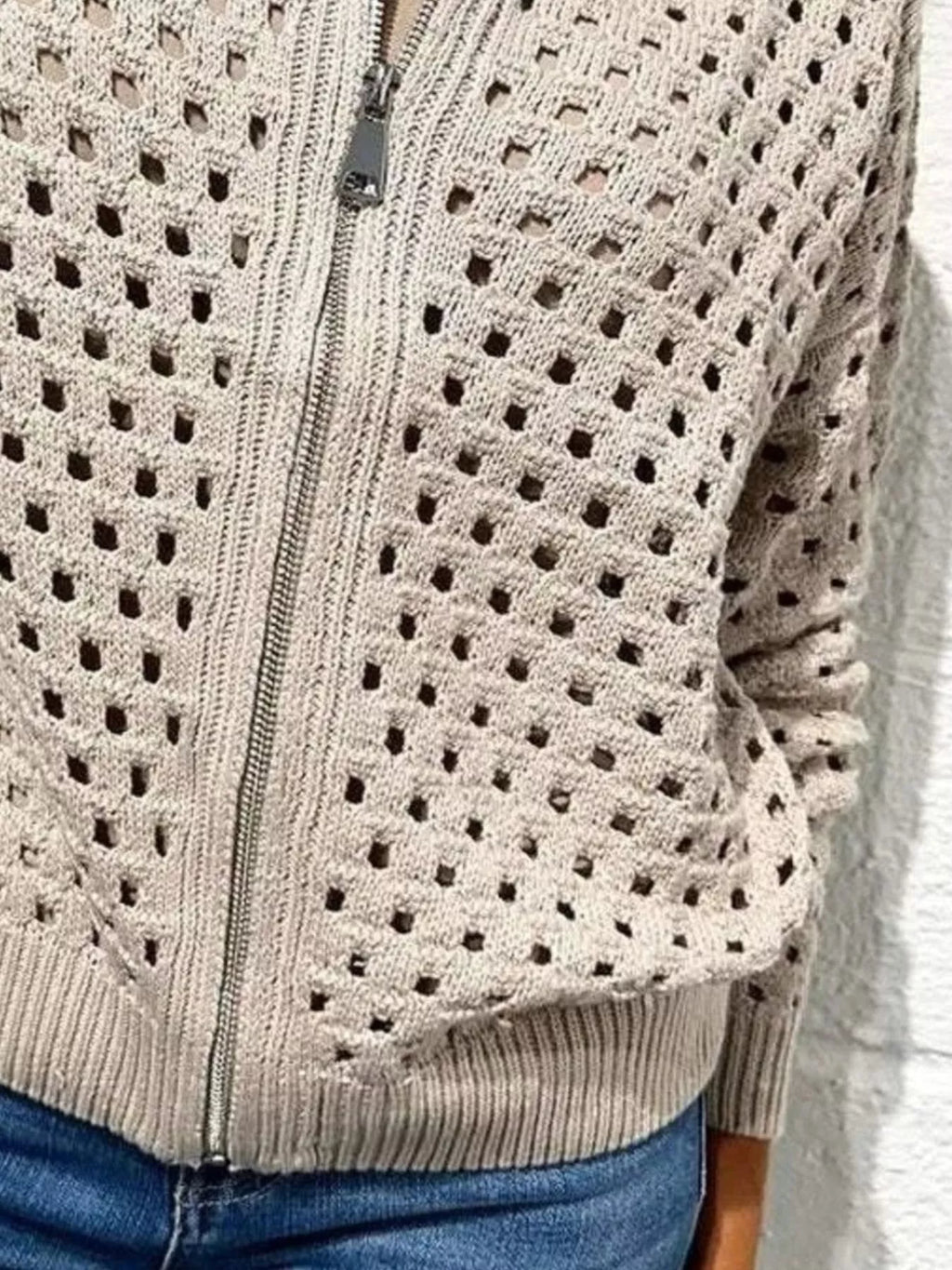 Full Size Zip Up Long Sleeve Cardigan with Eyelet Detail Plus Size