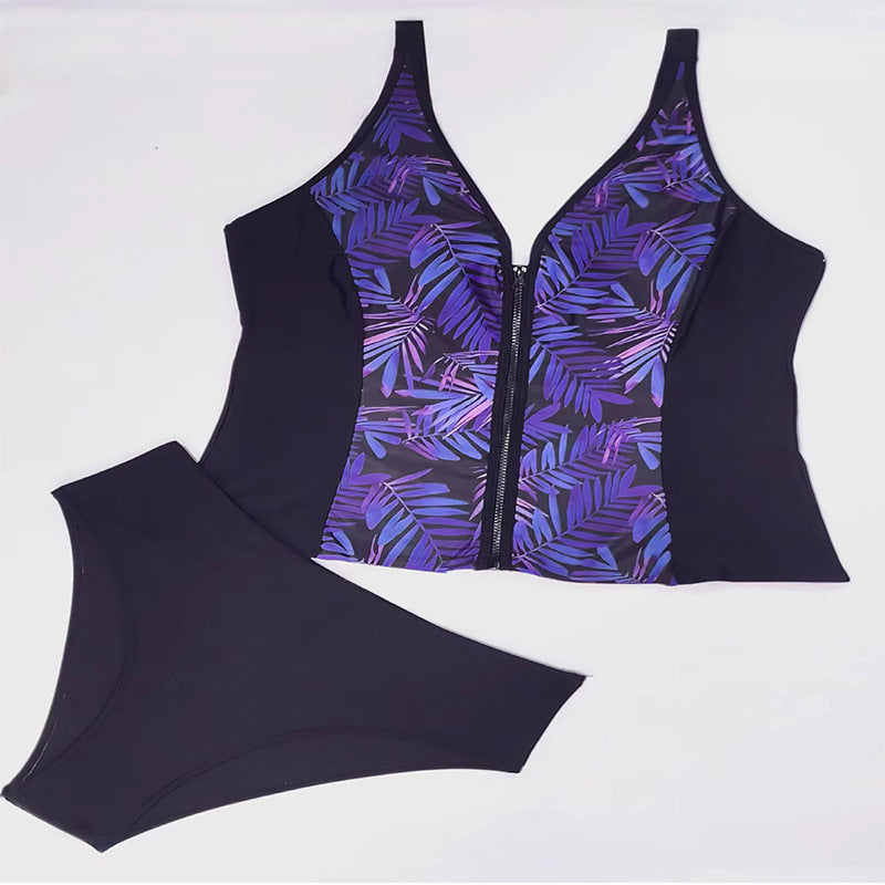 Women's Swimwear  Leaf Print Zipper Plus Size Women's Swimwear