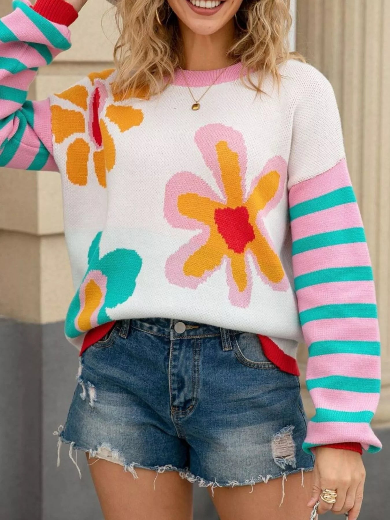 Floral Striped Crew Neck Sweater