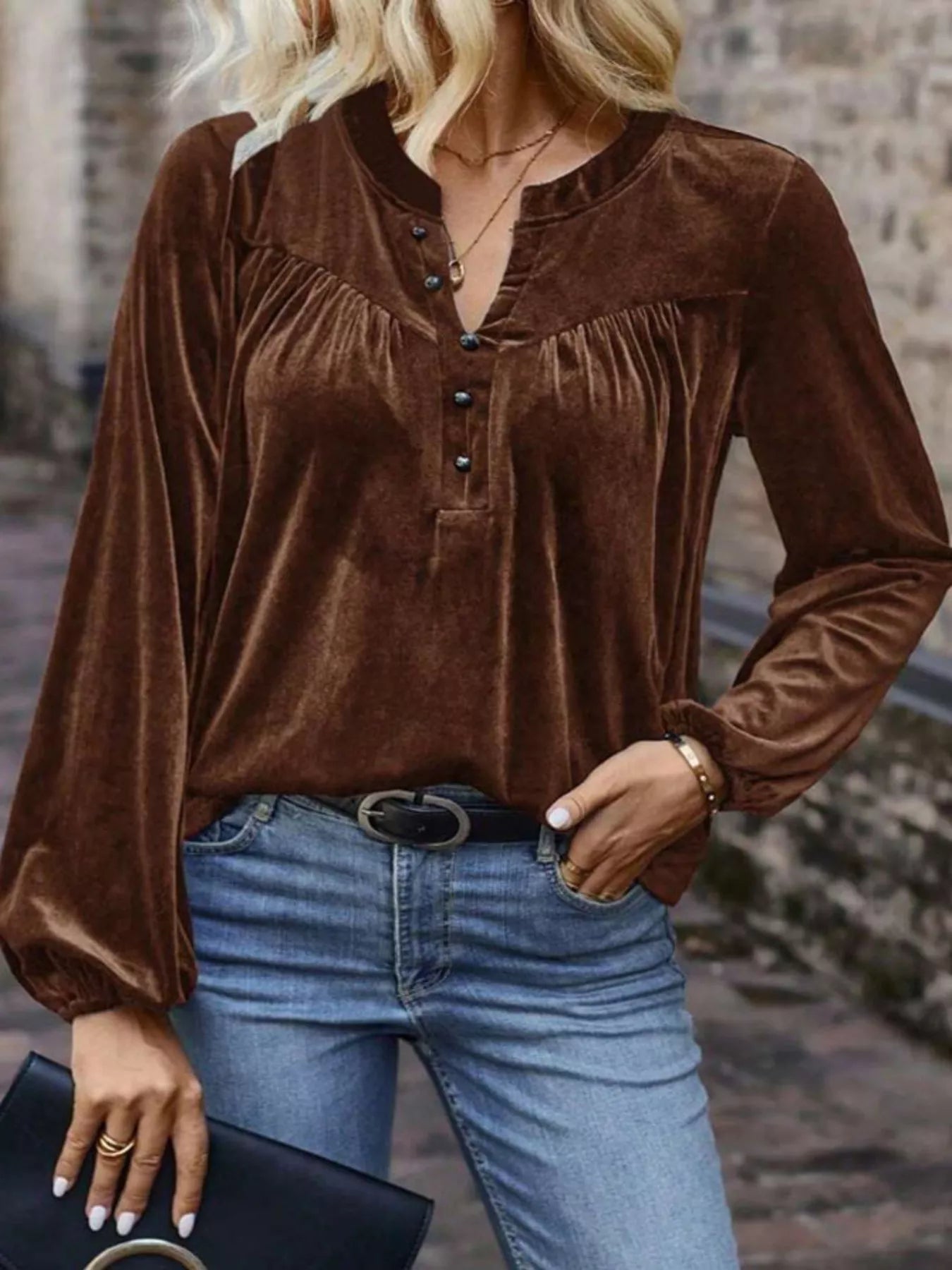 Velvet Notched Long Sleeve Blouse
