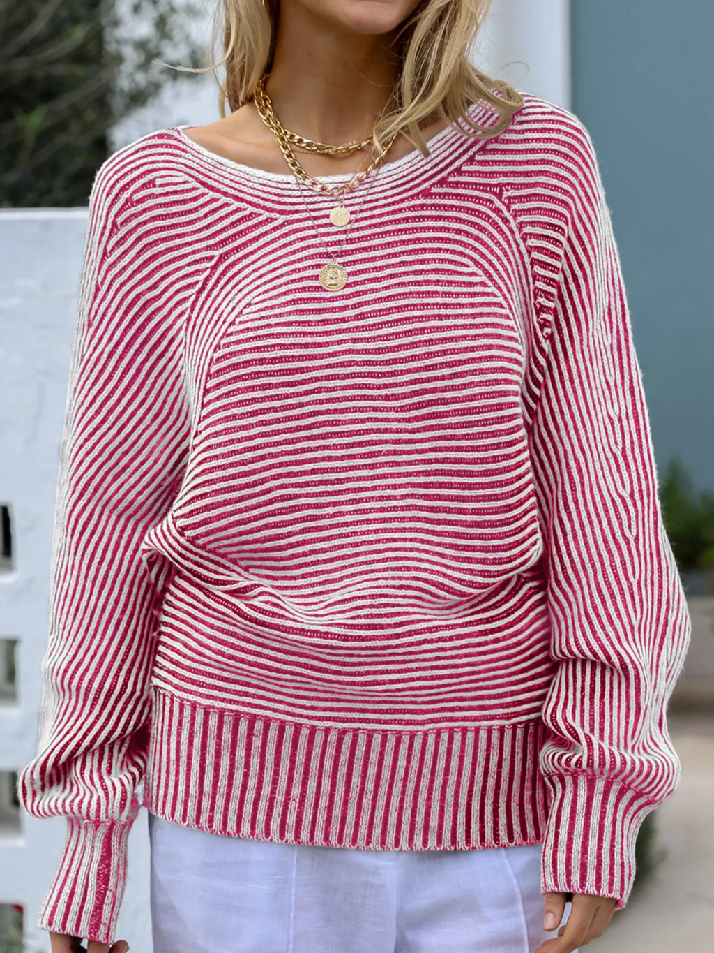 Striped Boat Neck Casual Sweater