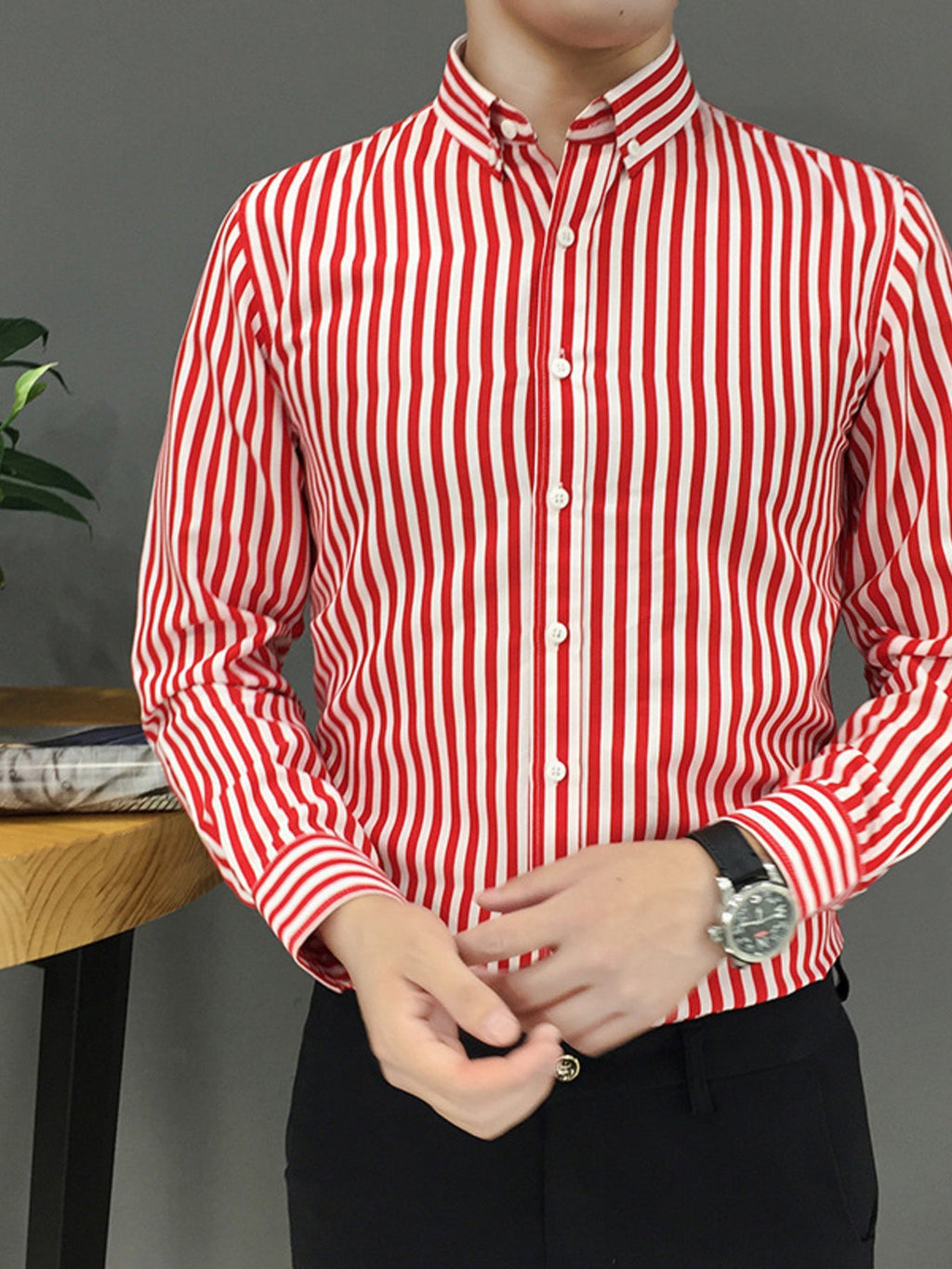 Men's Plus Size Striped Button Up Long Sleeve Shirt