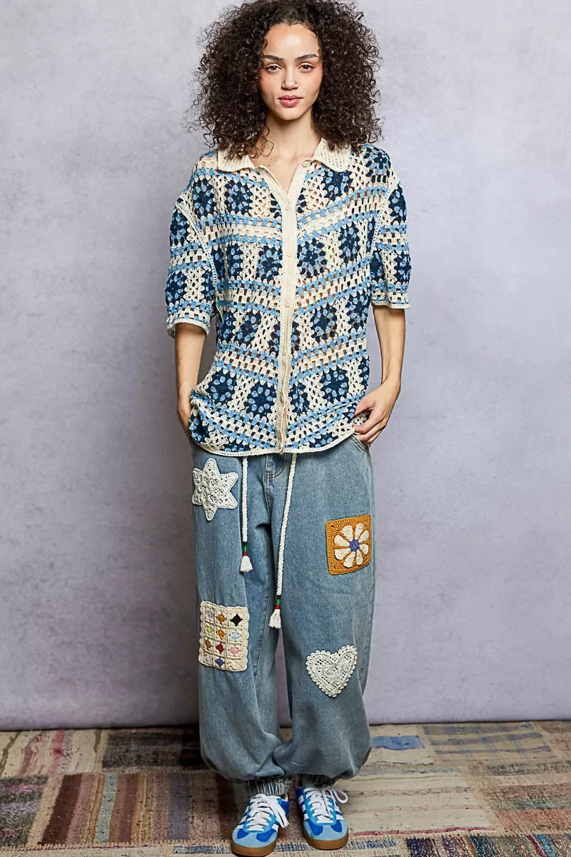 POL Openwork Short Sleeve Crochet Shirt with Border Accents