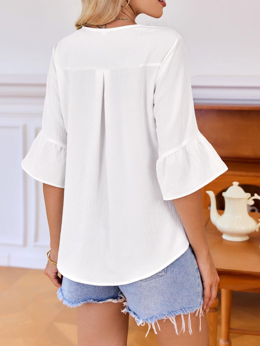 Ruffle V-Neck Flounce Sleeve Blouse
