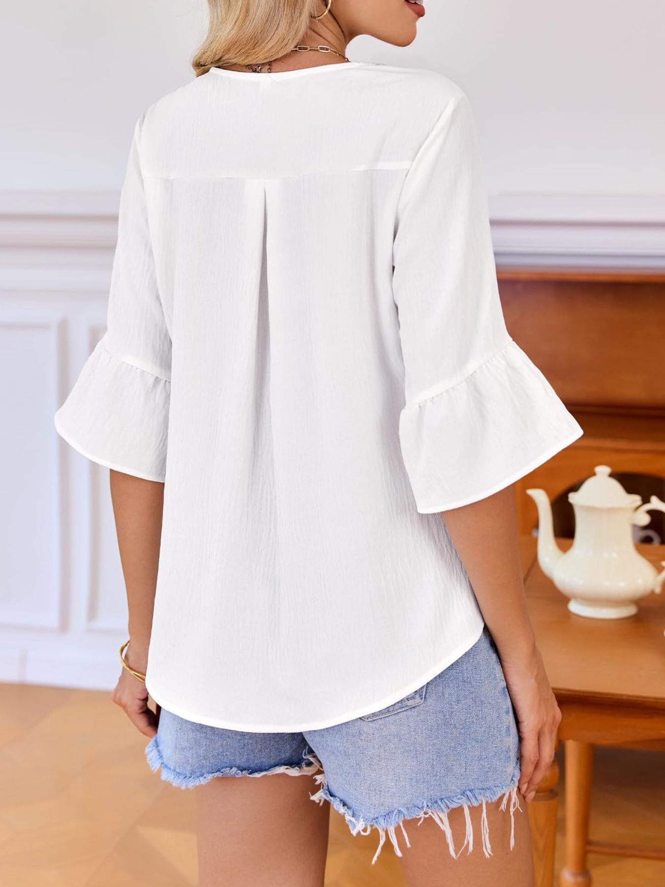 Ruffle V-Neck Flounce Sleeve Blouse