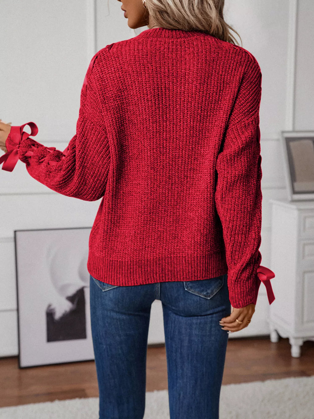 Ribbon-Tie Sleeve Round Neck Sweater