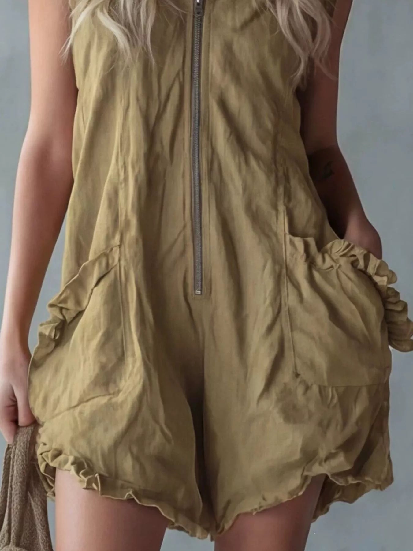 Full Size Hooded Sleeveless Zipper Romper with Ruffled Pockets Plus Size