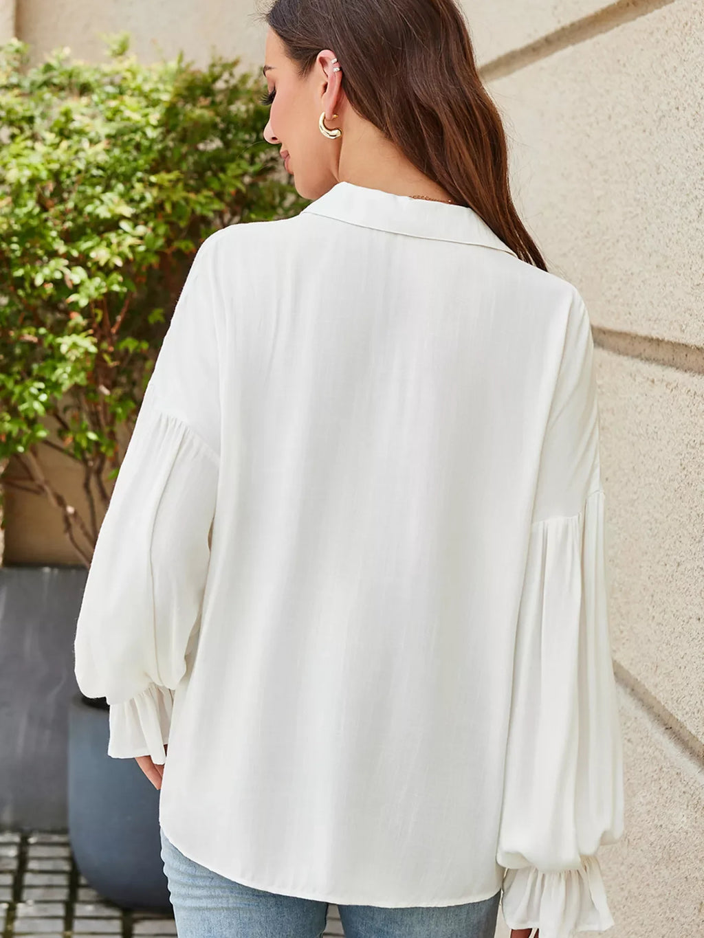 Ruffle Elastic Cuffs Puffy Long Sleeve Button Down Shirt