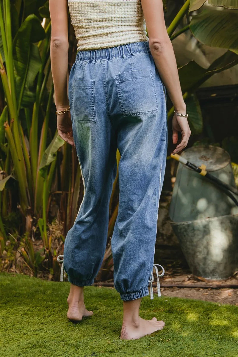 BiBi Striped Tape Details With Bot Tied Point Elastic Waist Jeans