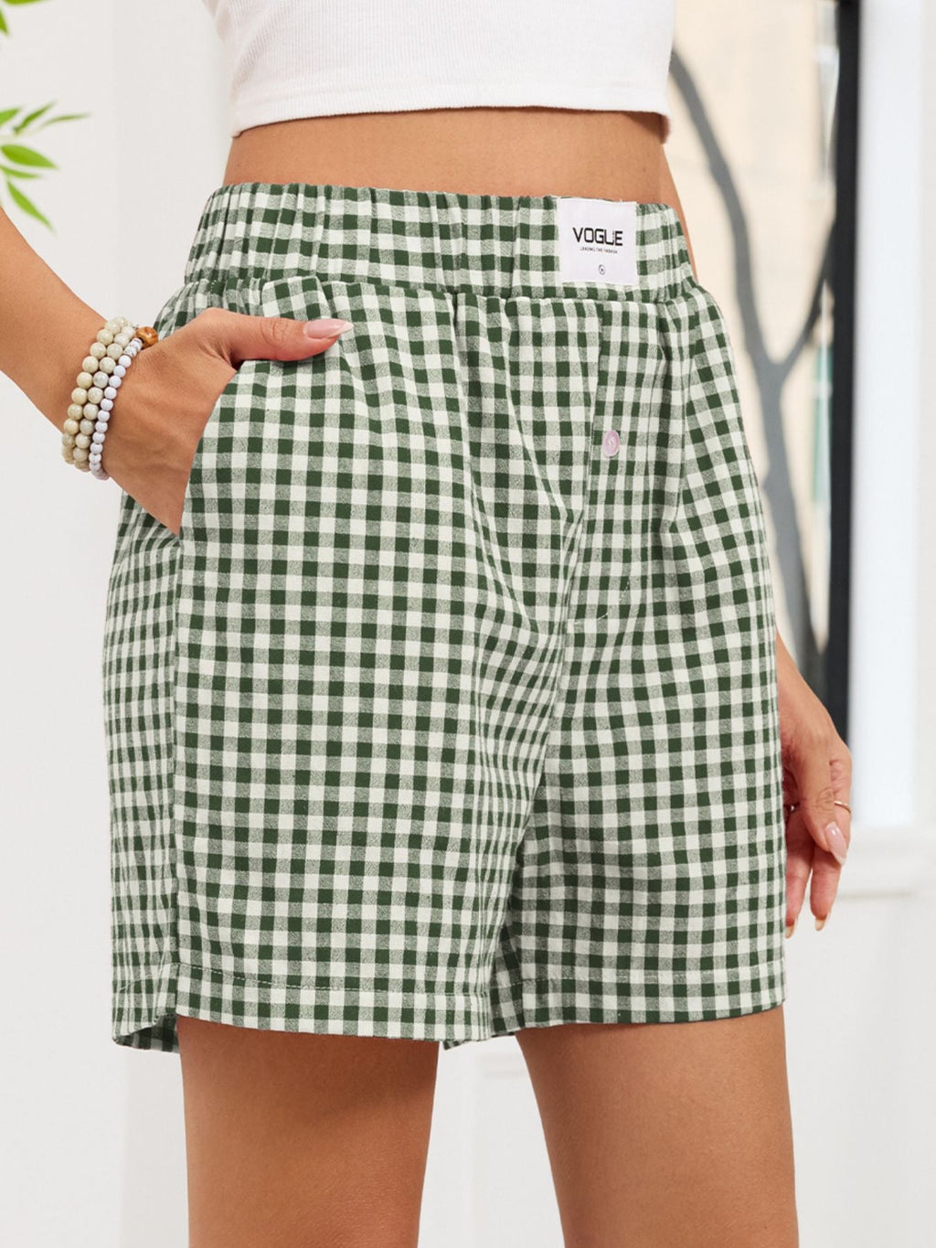 Gingham Elastic Waist Casual Shorts