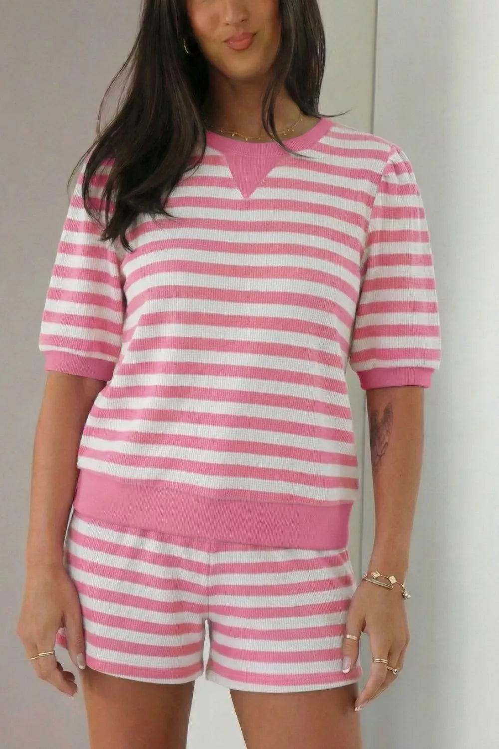Striped Round Neck Top and Shorts Set