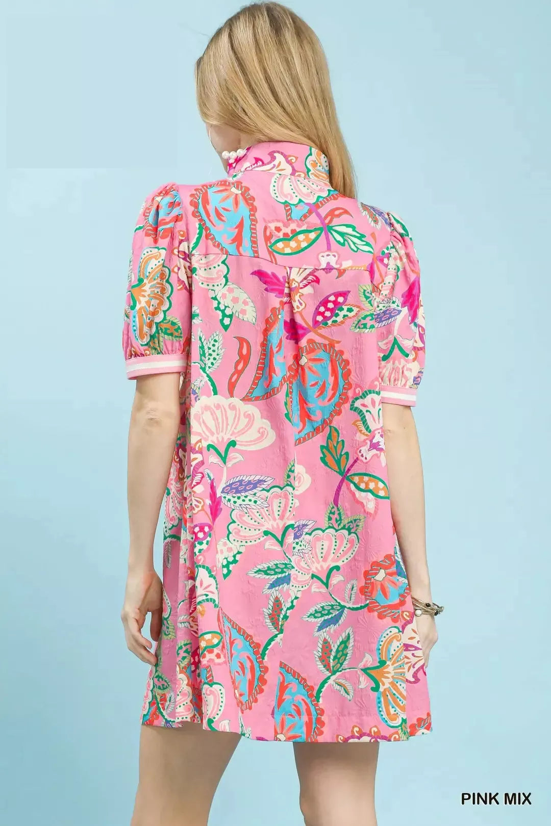 Umgee Jacquard Paisley Print Puff Sleeve Tunic Dress