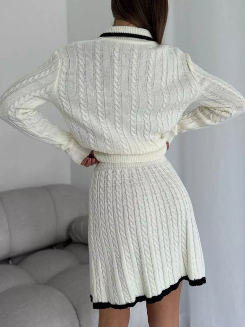 Cable Knit Long Sleeve Top and Skirt Sweater Set