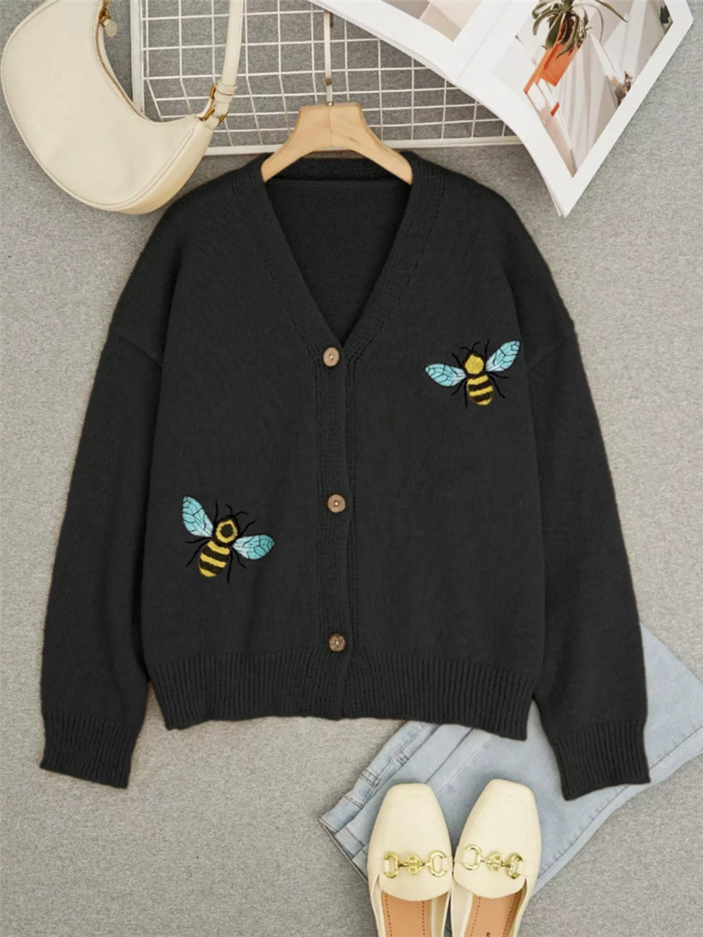 Bee Embroidered Button-Down Cardigan